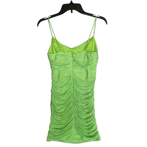 Hello Molly Sheath Mini Dress Mesh Neon Green Ruched Cowl Neck - Picture 4 of 7